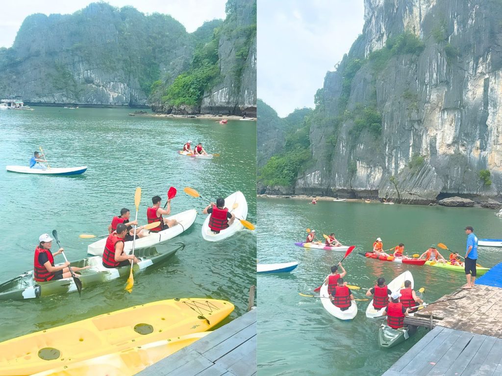 Thành viên đoàn hào hứng tham gia hoạt động chèo thuyền Kayak, khám phá khung cảnh thiên nhiên hùng vĩ trên Vịnh Lan Hạ